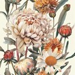 Beige and orange peonies. Beautiful bouquet of flowers, detailed botanical illustration.