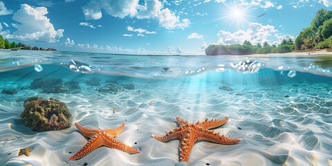 Wall Mural - Underwater view of clear tropical ocean with starfish, coral and fish on the beach in sunny day. Fantasy background with white sand, blue sky and island. summer vacation concept