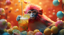 A Photo Of A Monkey Drinking A Tropical Drink