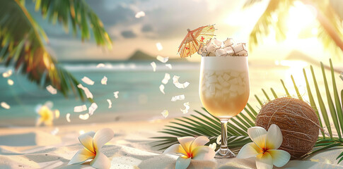 Wall Mural - Tropical cocktail with coconuts and flowers on the beach background, summer vacation concept