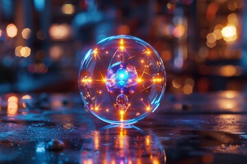 Canvas Print - A gleaming spherical object with intricate glowing connections against a blurred colorful backdrop