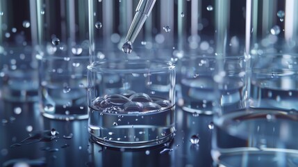 Canvas Print - Moving Pharmaceutical Production Line; Dropper Fills Sample Tubes for DNA Study. Close-up Macro of Scientist Dropping Liquid Into Test Tubes, Microscope Close-up.