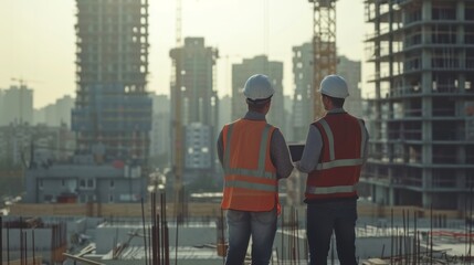 Poster - In the background, cranes and skyscraper concrete formwork frames are being inspected by two specialists at a commercial or industrial building construction site.