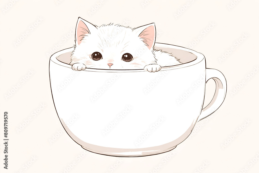 Cute cartoon drawing of a white cat inside a white cup, cute cat doodle ...