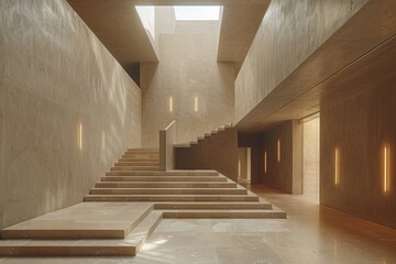 Poster - A minimalistic architectural shot showing a contemporary staircase bathed in natural light, reflecting simplicity and elegance