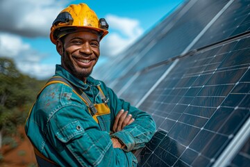 A happy African American worker with a bright smile poses confidently in a solar panel field wearing a safety helmet and vest