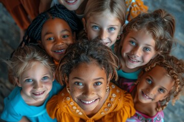 A close-up shot capturing the sparkling eyes and smiles of happy diverse children looking up at the camera