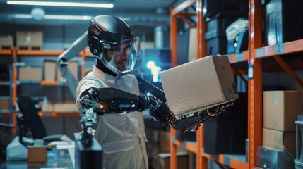 Poster - The Development Laboratory: Engineers Take a Look at Robotics Exoskeleton Prototypes, Viewing a Person Testing it, Holding A Heavy Carboard Box. Developing Wearable Exosuits for Warehouse Workers.