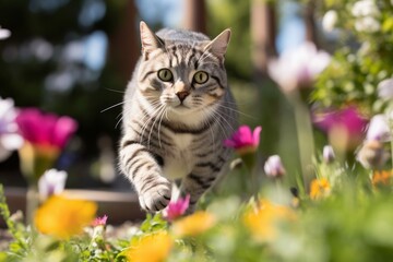 Environmental portrait photography of a funny american shorthair cat sprinting while standing against blooming spring garden