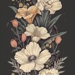 White and beige anemones on gray background. Beautiful bouquet of flowers, detailed botanical illustration.
