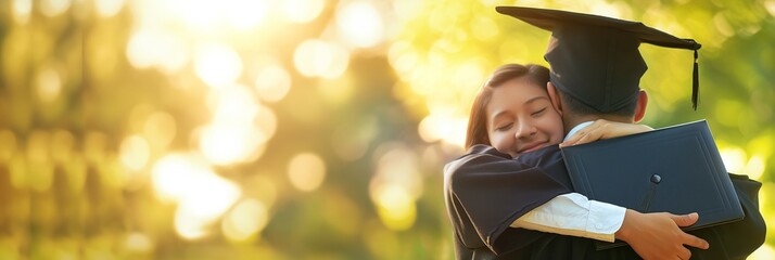 Wall Mural - A heartfelt embrace between a female graduate and a family member on graduation day with soft sunlight