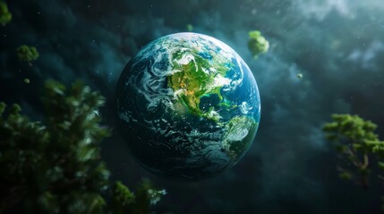 Wall Mural - 3D realistic depiction of Earth, highlighting thriving ecosystems against a black background, aimed at raising awareness about environmental sustainability.