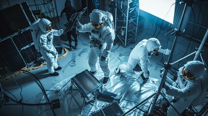 Poster - Aerospace Agency: Scientists fixing solar panel wings to spacecraft under control of Chief Engineer. Space Exploration Mission. Technicians in protective suits working on satellite construction.