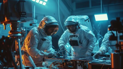 Sticker - Working on satellite construction, engineer and technician in protective suits. Aerospace Agency: Scientists work on solar panel wings. International Space Exploration Mission.