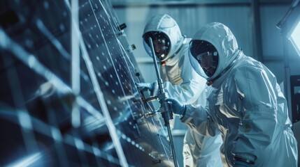 Poster - Working on satellite construction. Aerospace Agency: Science Team fixing solar panel wings to spacecraft. International Space Exploration Mission.