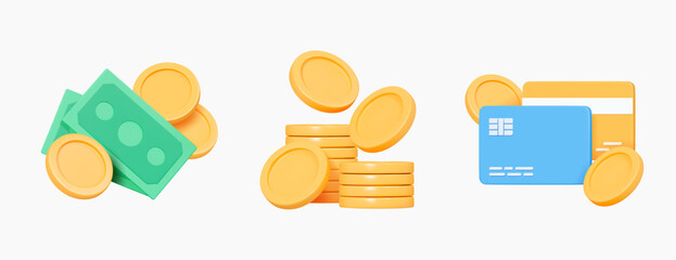 Wall Mural - 3D Set of money icons. Online payment concept. Green paper money, stack of golden coins and credit cards. Cash bills. Business and finance. Cartoon creative design elements. 3D Vector Illustration