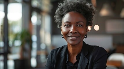 Poster - A confident, happy, middle aged African American woman wearing a dark jacket and proudly posing in the office of a diverse company.