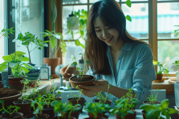 A young Asian woman is smiling while tending to her plants in the home garden, surrounded by various types of potted greenery and herbs on shelves around the room