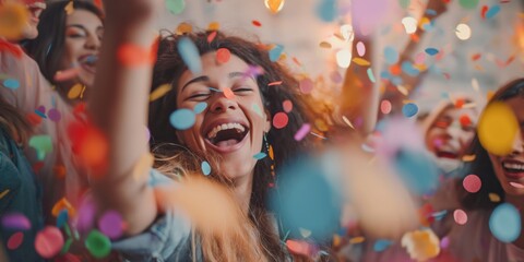 A joyful young woman with friends celebrating with confetti and cheerful expressions during a party