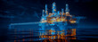 © athitat - 3D rendering , Oil rig constructtion plant overlay with wireframe  on black background