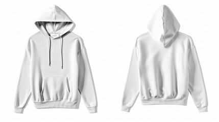 Template blank flat white hoodie. Hoodie sweatshirt with long sleeve flatlay mockup for design and print. Hoody front and back top view isolated on white background