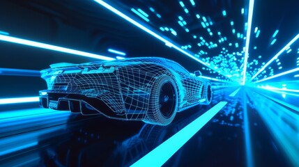 Poster - An VFX Special Effect on an Image of a Sports Car Driving at High Speed and Racing Through the Tunnel. An Image of a Blue Supercar Driven Fast on the Highway Made of Blue Lines and Racing Through the
