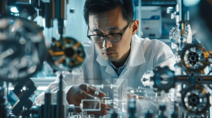 Poster - Photograph depicting an Asian industrial engineer modelling a heavy industry machine part on computer CAD software in a factory. Modern industrial research and development center.