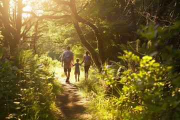 A group of people, possibly a family, walk along a forest path with sunlight filtering through the trees