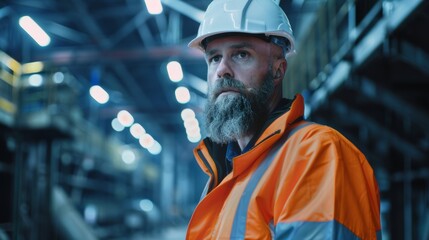 Poster - This image portrays a bearded middle-aged engineer wearing a white hard hat and a high visibility jacket, working at a laptop computer in a factory facility.