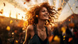 Portrait of a beautiful young woman with curly red hair dancing at a music festival