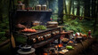 Cooking food on a barbecue in the forest. Camping concept.