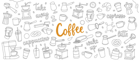 Wall Mural - Coffee outline set. Beans, drinks, cups, pot, package, grinder, filter, machine, portafilter, kettle. Hand drawn elements for cafe menu, coffee shop.