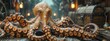 Explore the depths with a sleek 3D octopus costume amidst a treasure chest and sunken ship, setting the stage for a daring treasure hunter adventure.