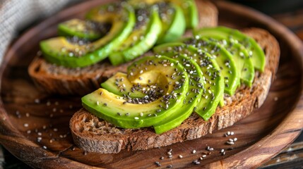 Wall Mural - healthy breakfast ideas, avocado on whole grain toast with chia seeds on a wooden plate is a healthy breakfast option for a nutritious lifestyle