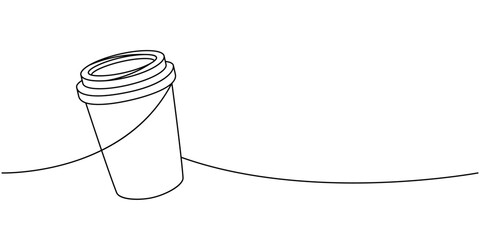Wall Mural - Coffee cup for takeaway one line continuous drawing. Hand drawn elements for cafe menu, coffee shop. Vector linear illustration.