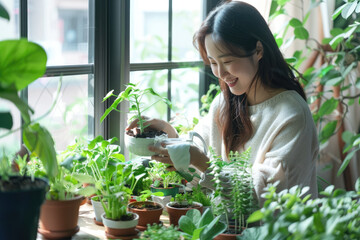 A young Asian woman is smiling while tending to her plants in the home garden, surrounded by various types of potted greenery and herbs on shelves around the room