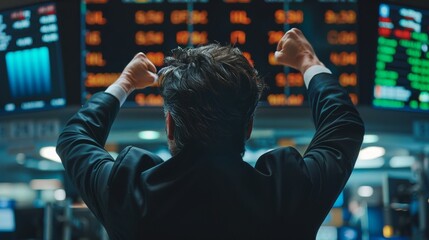 Poster - Professional Broker Excited About the Good News, Punching the Air in a Winning Fashion, Showing Positive Emotions. View from the Back.