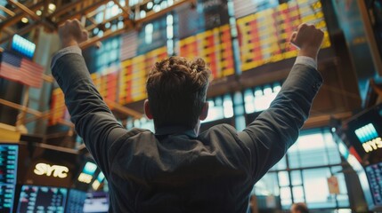 Poster - Stock exchange trader celebrates a successful sale. Professional broker shows positive emotions by punching the air, showing his happy emotions.