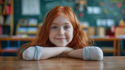 Poster - a cute redheaded girl sits behind a desk in class smiling at the camera. she is educated in a modern