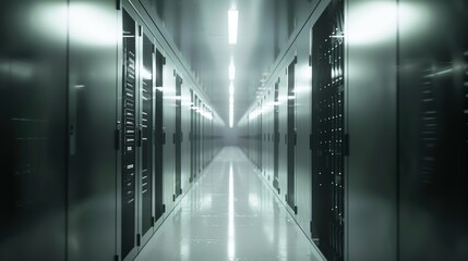 Poster - Here is a picture of the corridor in a working data center full of rack servers and supercomputers.