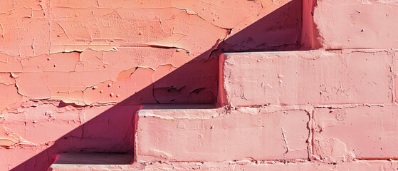 Wall Mural - Macro photography, isolated, close-up, minimalist empty and blank texture banner background wallpaper of pink adobe brick wall, sunny, bright, shadows