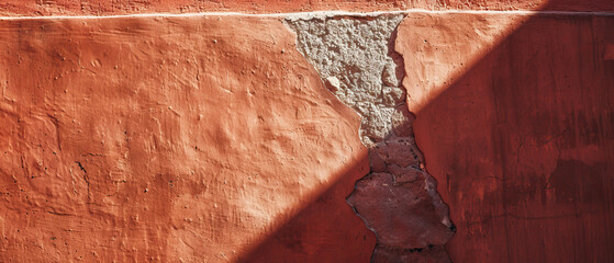 Wall Mural - Macro photography, isolated, close-up, minimalist empty and blank texture banner background wallpaper of red adobe stucco wall, sunny, bright, shadows