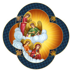 Christian traditional image of Holy Mary with Angels. Decorative cross in Byzantine style isolated