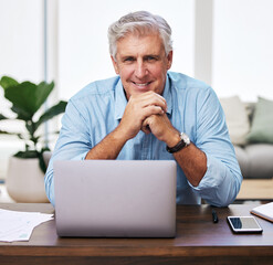 Aufkleber - Laptop, home office and portrait of mature man at desk for remote work, online investment or networking in living room. Confidence, consultant and senior person with smile for report, email or ceo