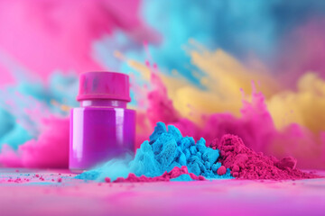 Poster - A bottle of purple paint sits on a table next to a pile of color powder. Holi, great design for any purposes. Happy festive background. Typography design and 3D illustrations on the background