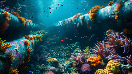 Wall Mural - Showcase the underwater environment where submarine cables are installed, with colorful coral reefs and diverse marine life coexisting alongside the