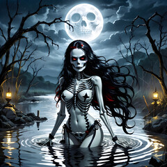 On this stormy night of the full moon, Lady Death decided to bathe in the river, her striking skeletal form illuminated by the soft glow of the moon above. Her beautiful skull face with deep, dark eye