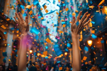 Poster - Colorful confetti rain down as hands are raised in celebration against a backdrop of festive decorations