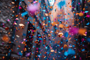 Poster - A festive scene of colorful paper confetti raining down amidst a blurred urban background