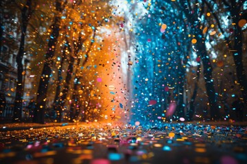 Poster - Confetti pours over a cityscape at night creating a moody and celebratory atmosphere
